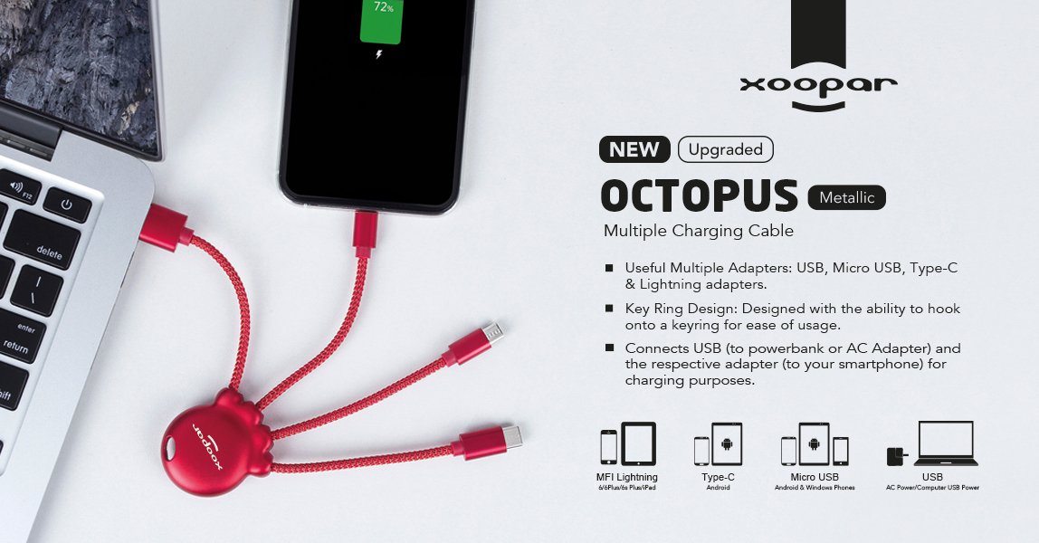 Xoopar Metallic Octopus : All-in-One USB Charging Cable to fit all phone types 12 month warranty applies Xoopar